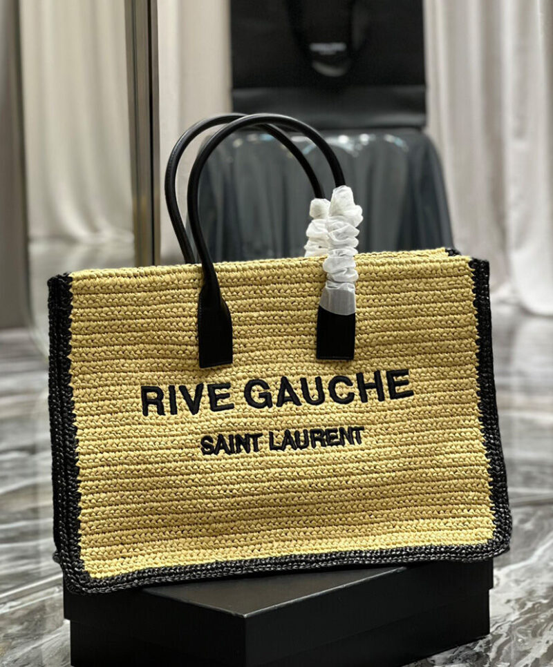 Saint Laurent Rive Gauche Tote Bag In Raffia And Leather Apricot